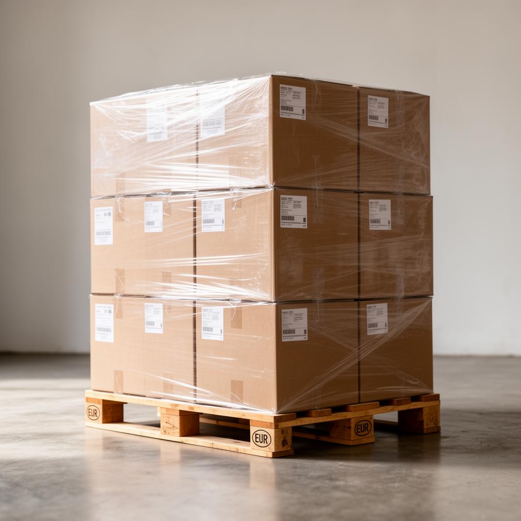 Pallet of cardboard cartons of black plastic spools, wrapped in stretch film and ready for export